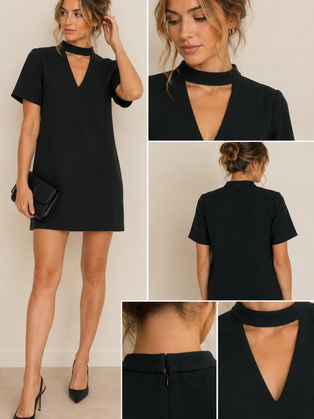 Women's Black Choker V-Neck Mini Dress